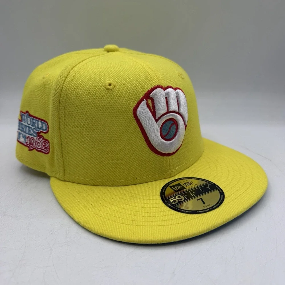 New Era 59Fifty Milwaukee Brewers Hat Cap Sz 7 Yellow 1982 World Series Fitted